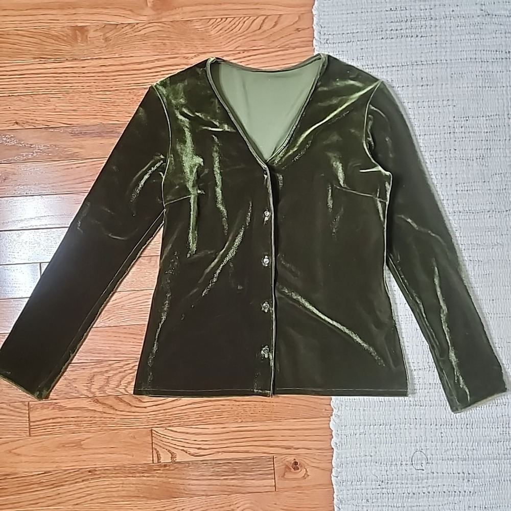 Vintage Michael Klein Paris Velvet Top Olive‎ Green Button Up V-Neck Goblin 38/6